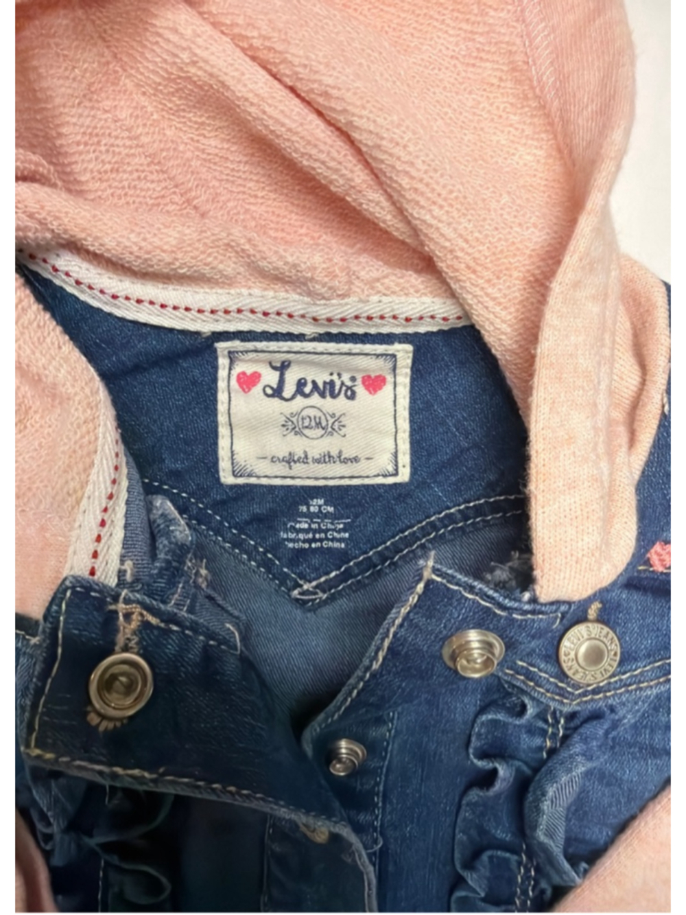 Baby Girl Levi's Hooded Denim Jean Jacket 12 Months Knit Sleeves Snap Front - Picture 3 of 5